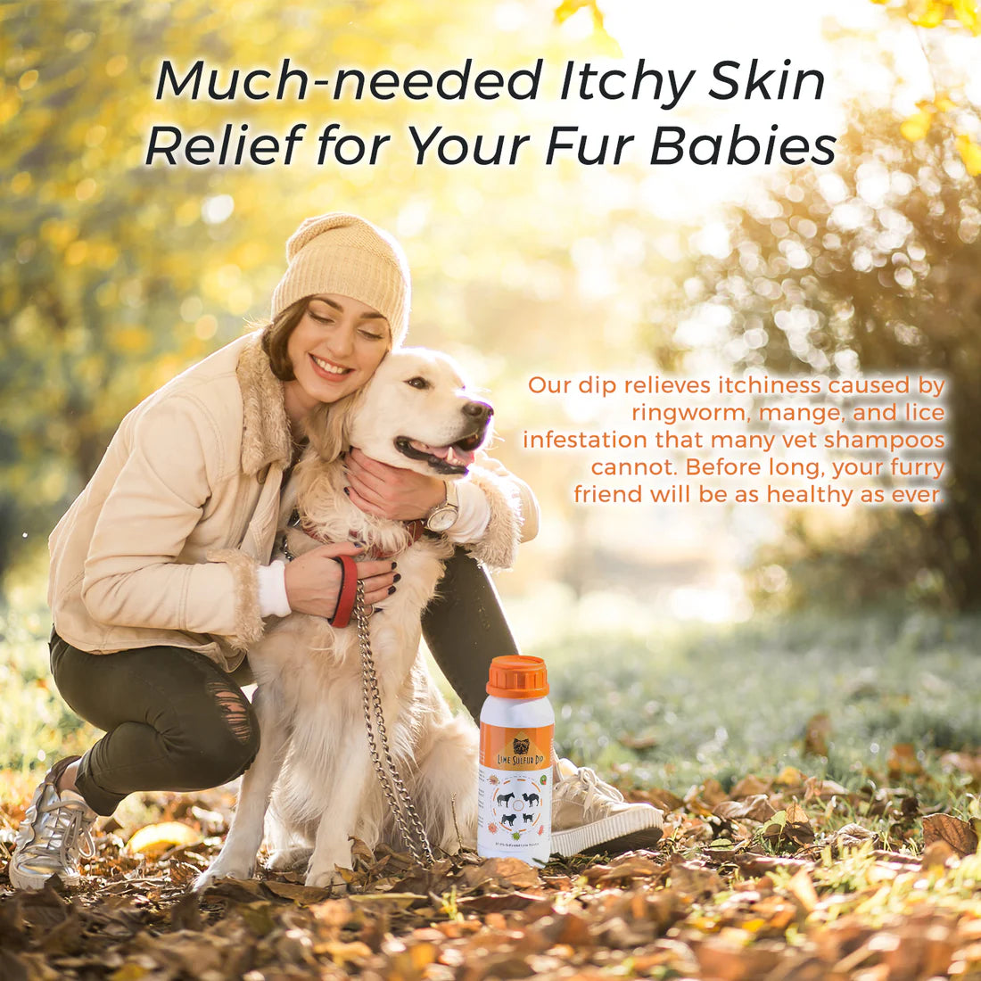 A woman with her dog outdoors, showcasing Lime Sulfur Dip as a solution for itchy skin relief caused by mange, lice, and ringworm.