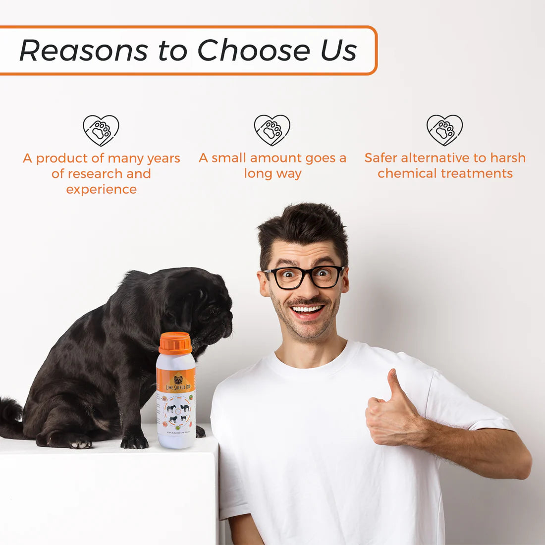 Man giving a thumbs-up next to a dog and Lime Sulfur Dip bottle, highlighting its benefits for treating skin infections and parasites.