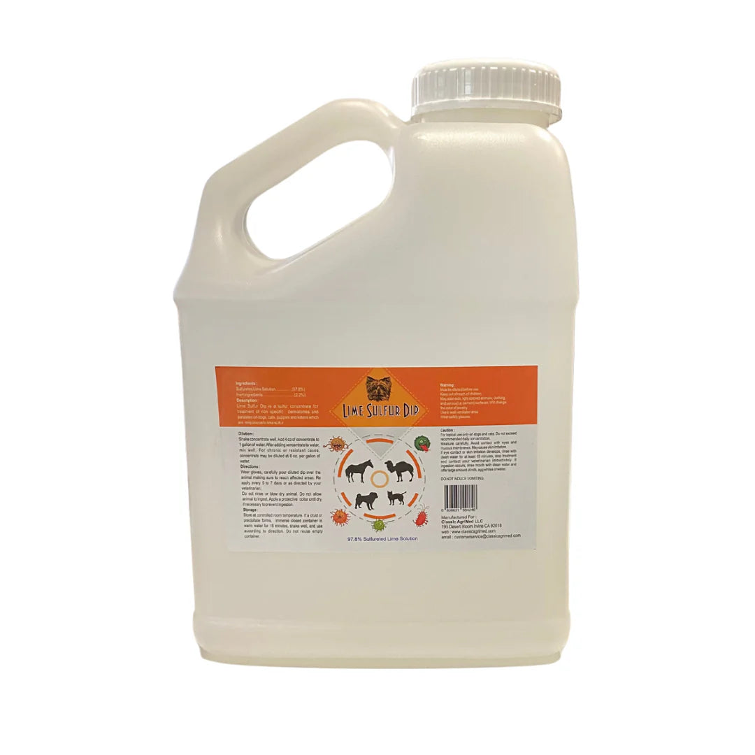 Lime Sulfur Dip 1-gallon bottle for dogs, cats, and other animals, effective for treating mange, ringworm, and skin infections.