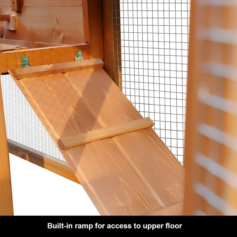 Built-in ramp for chickens to access the upper floor in corner chicken coop.