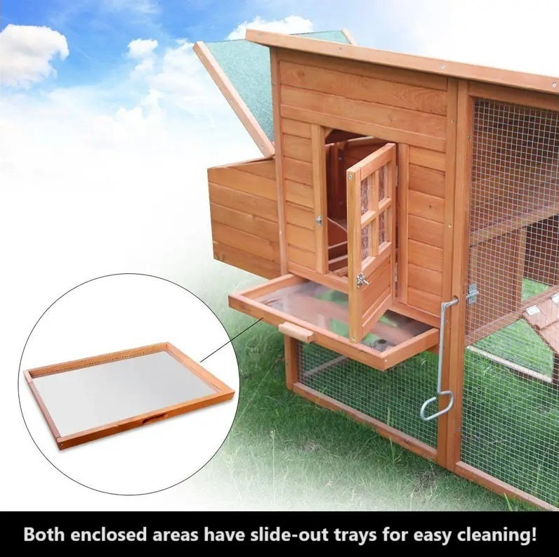 Slide-out trays for easy cleaning in the dual chicken coop.