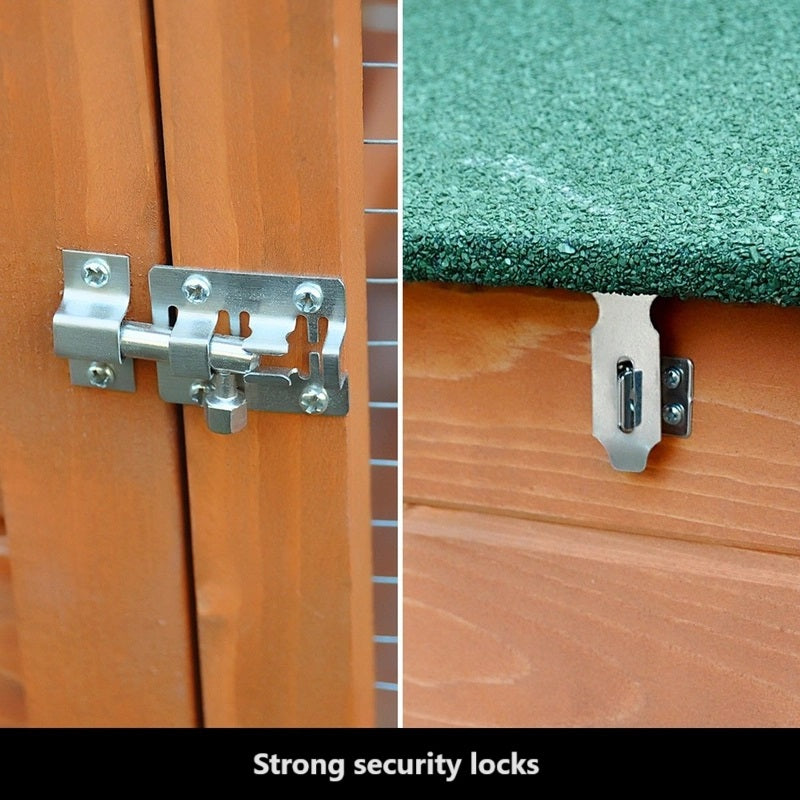 Strong security locks on corner chicken coop for added safety and protection