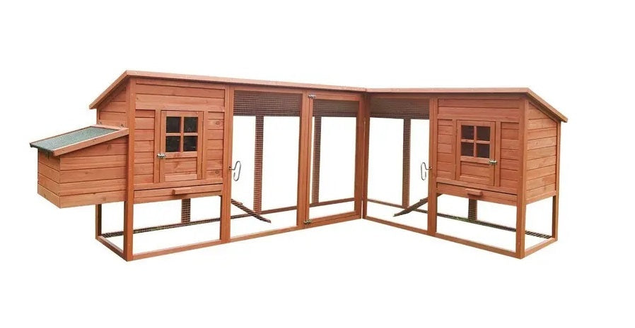 L shaped double chicken coop with two roosting areas and large built-in run