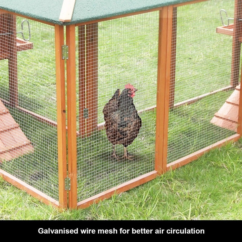 Close-up of galvanised wire mesh on double chicken coop for better air circulation.
