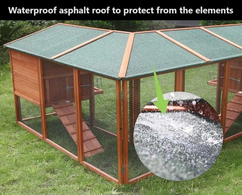 Waterproof asphalt roof of a corner chicken coop designed to protect hens from the elements