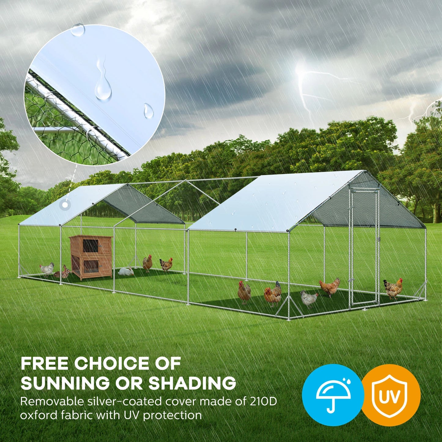Metal chicken coops that come with waterproof covers for weather protection.