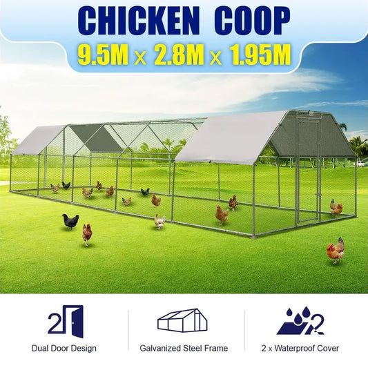 Chicken pen run with a galvanized steel frame and two doors.