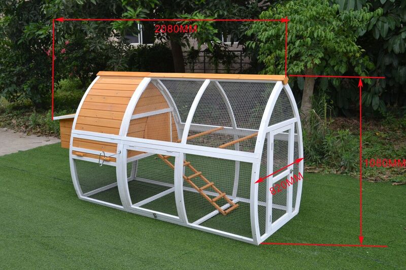 Flat pack chicken coop with built-in run, featuring a spacious design for backyard poultry, dimensions 208cm x 82cm x 108cm.