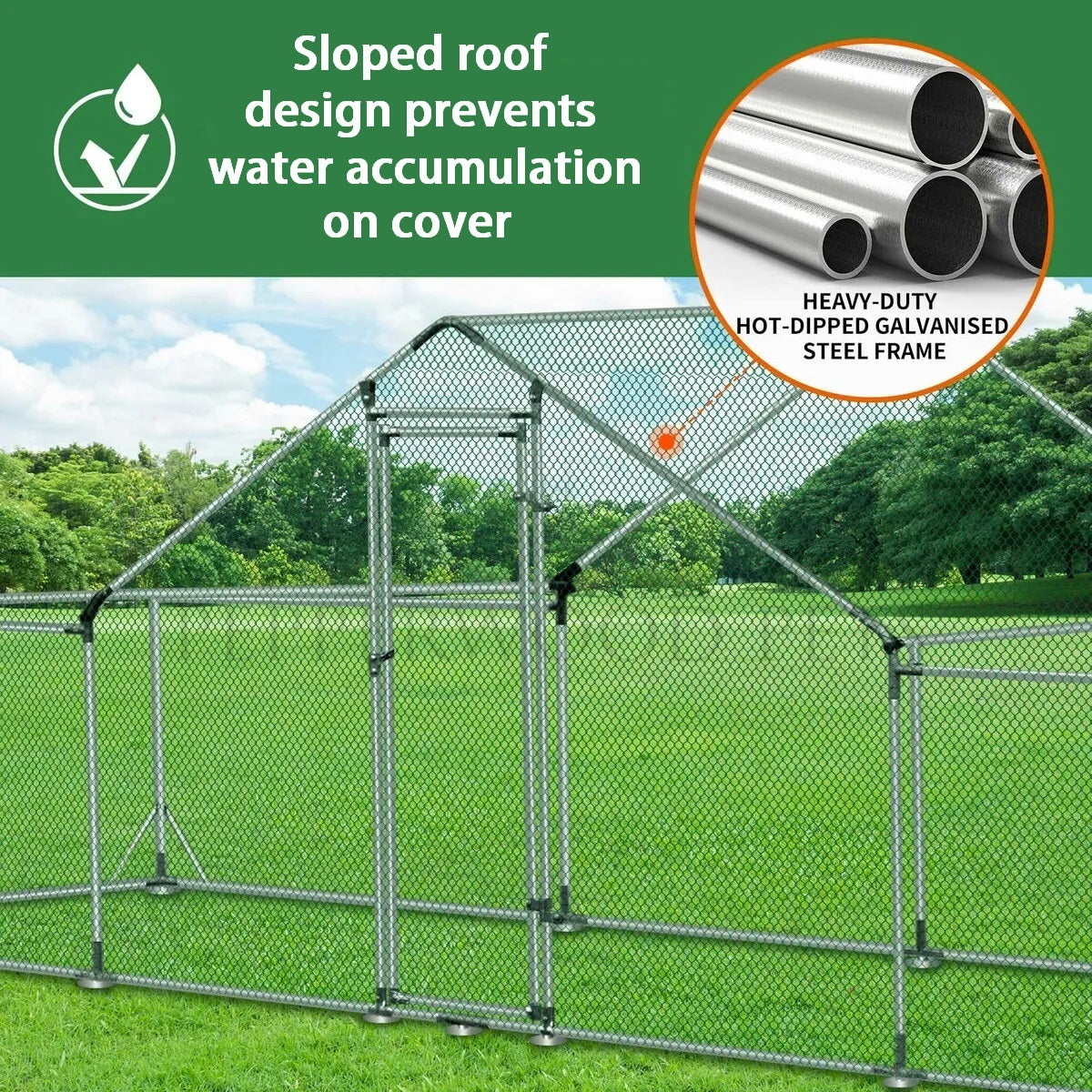 Sloped roof design prevents rainfall from collecting on the roof.