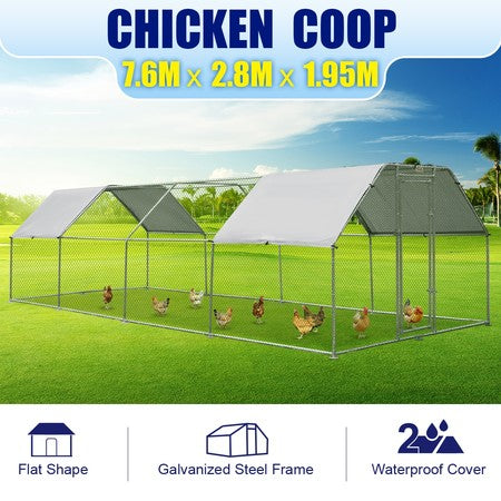 Walk in chicken pen featuring a flat roof design for extra headroom.
