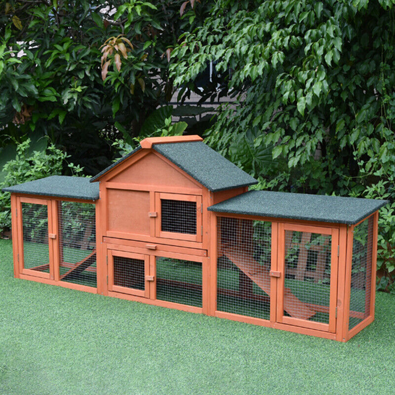 Double Run Wooden Chicken Coop Rabbit Hutch Bunny Cage Hen House