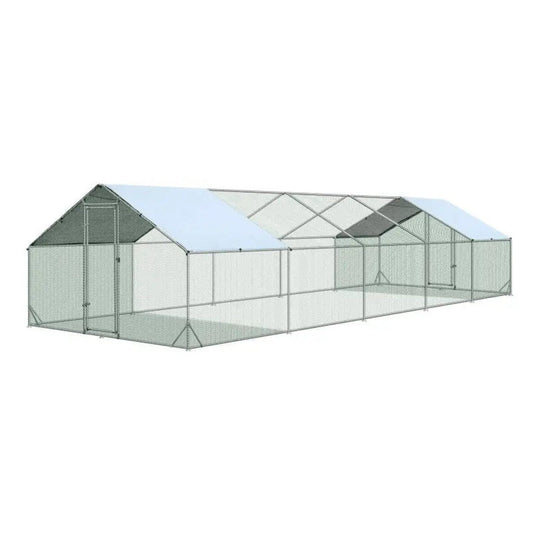 Side view of the 10x3m outdoor cat enclosure with square doors and durable wire mesh construction.