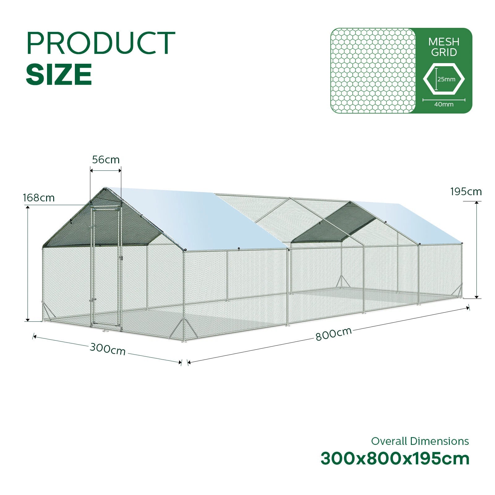 Diagram displaying the dimensions of the 8m x 3m run with measurements for length, height and width.