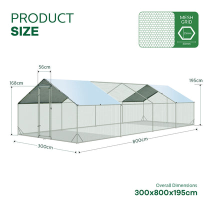 Diagram displaying the dimensions of the 8m x 3m run with measurements for length, height and width.
