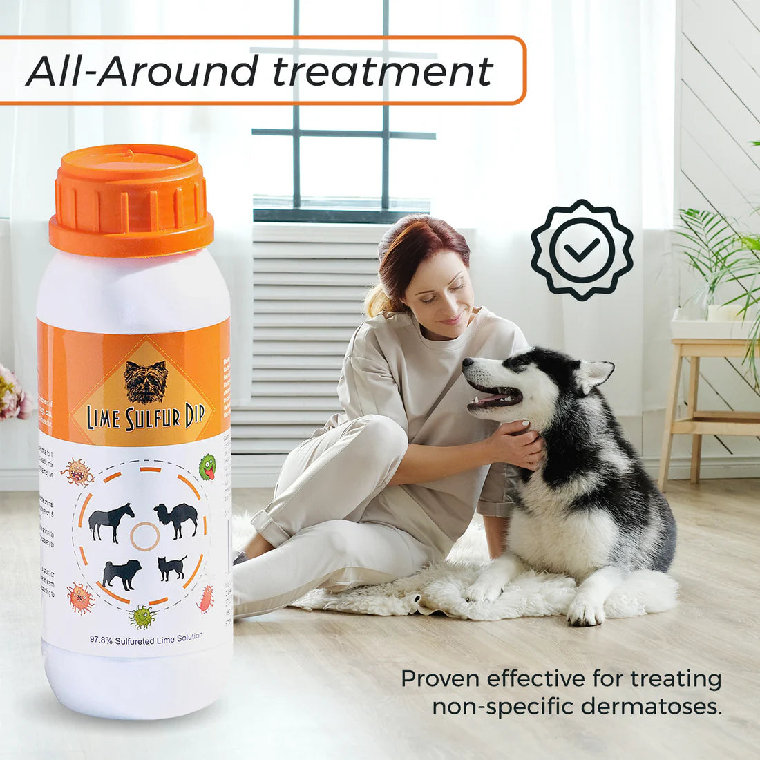 Lime Sulfur Dip bottle next to a dog, promoting all-around treatment for skin infections, mange, and ringworm in pets.