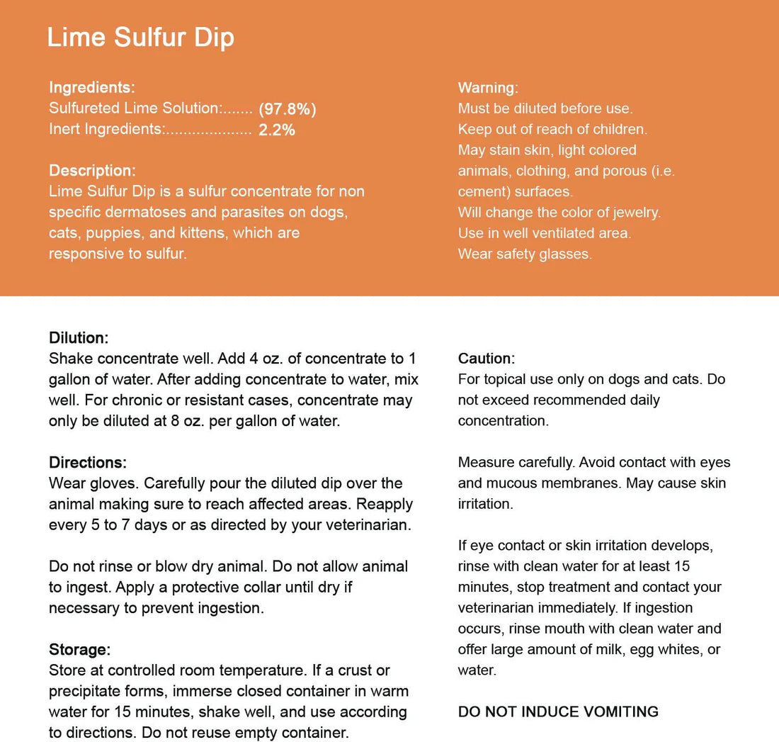 Lime Sulfur Dip directions and ingredients label, listing sulfur solution concentration, dilution instructions, and instructions for use on pets like dogs and cats.