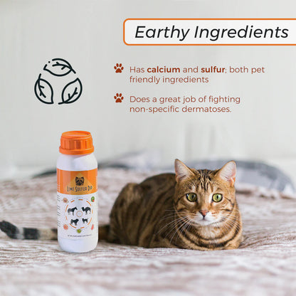 Lime Sulfur Dip bottle shown with a cat, highlighting natural ingredients like calcium and sulfur for treating non-specific dermatoses.