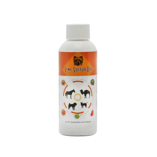 Lime sulfur dip used as a mange and ringworm treatment for dogs