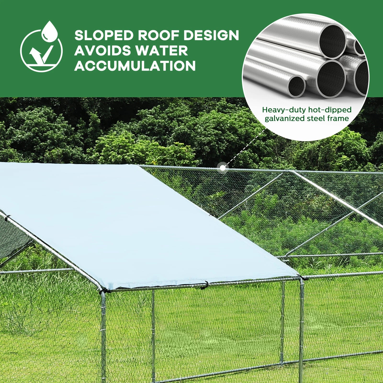 Sloped roof on the 8x3m run, with included waterproof cover.