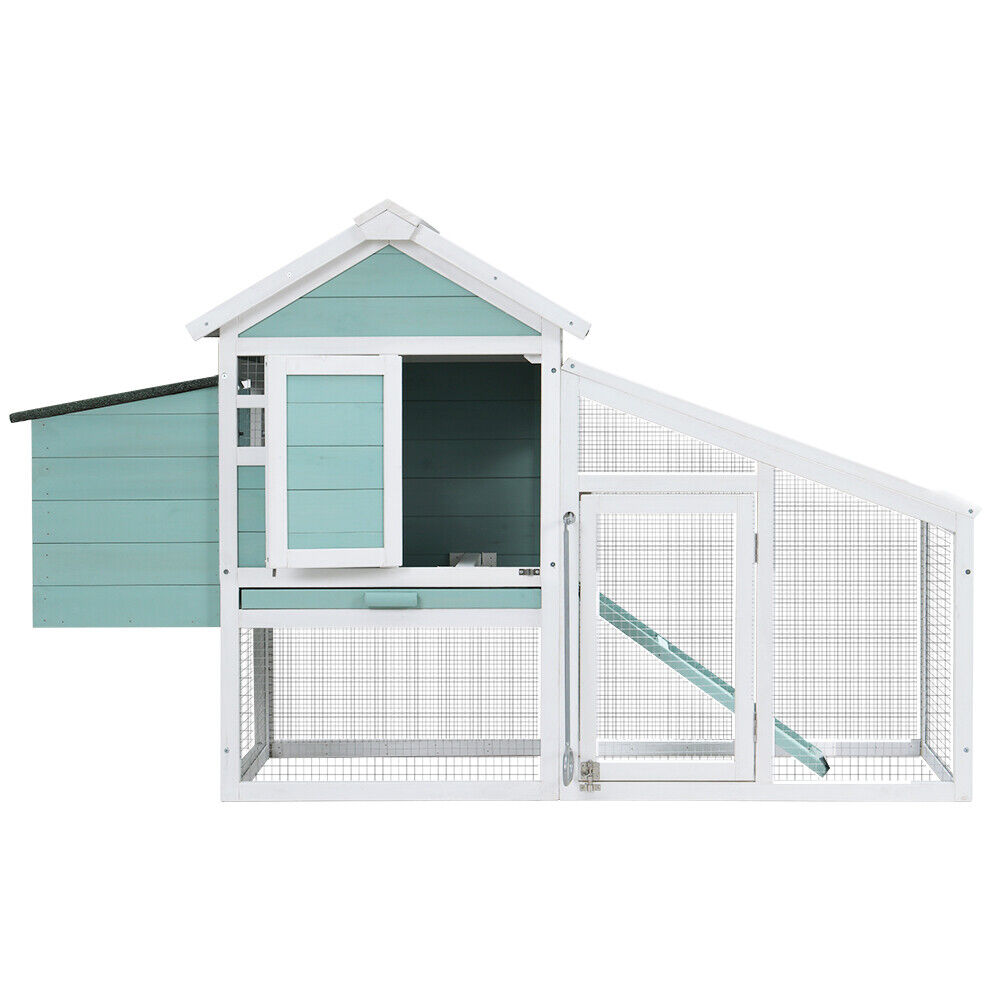 Teal chicken coop with a built-in run for healthy chooks.