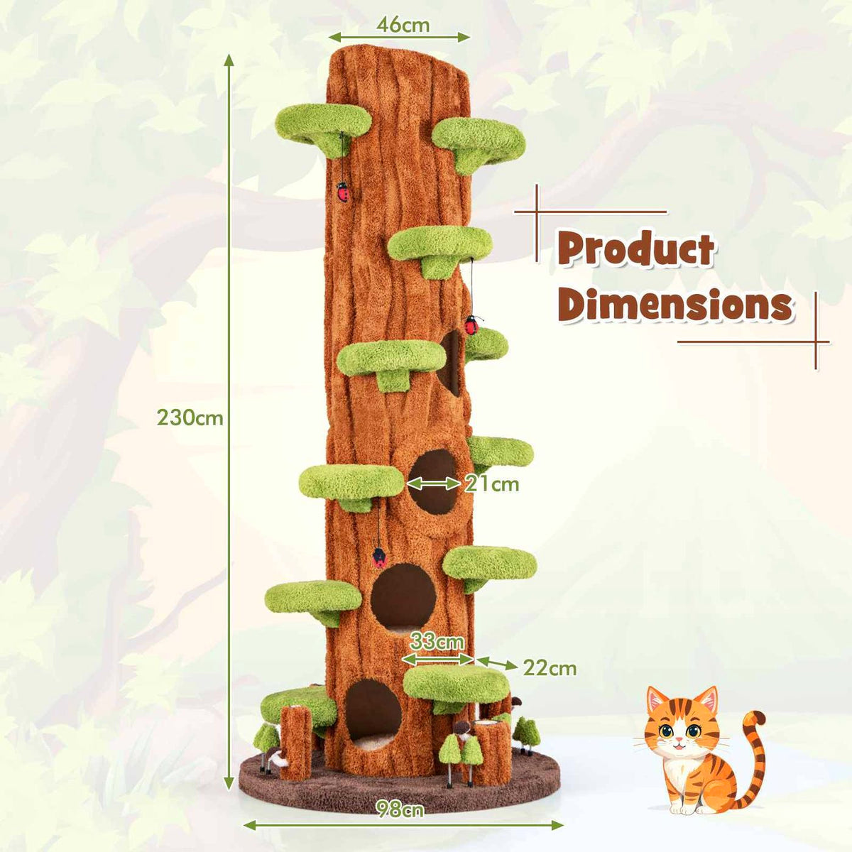 Large cat activity tower showing full dimensions and 2.3m overall height.