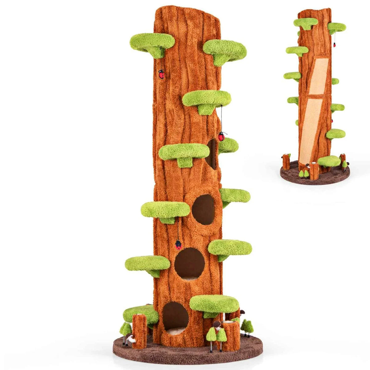 Cat tower with realistic tree trunk design.
