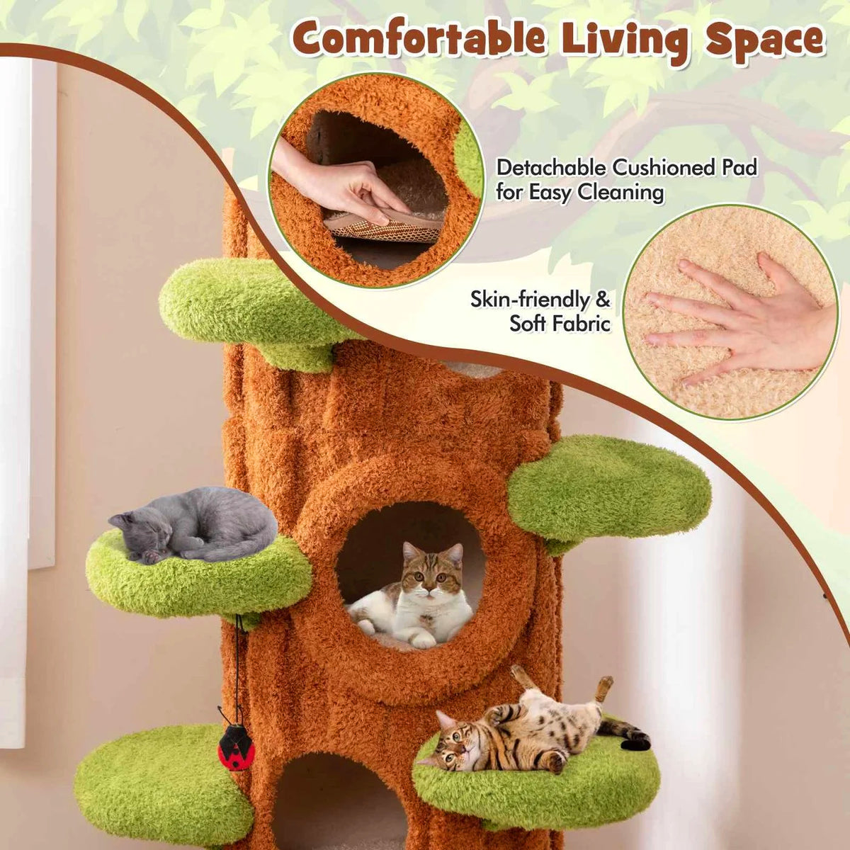 Cosy cat tree hollows with soft removable cushions for easy cleaning.