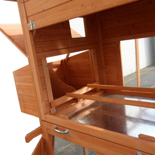 Inside view of chicken coop with removable wooden perches and four nesting boxes.