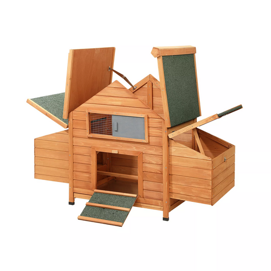 Chicken coop with spacious nesting boxes on each side.