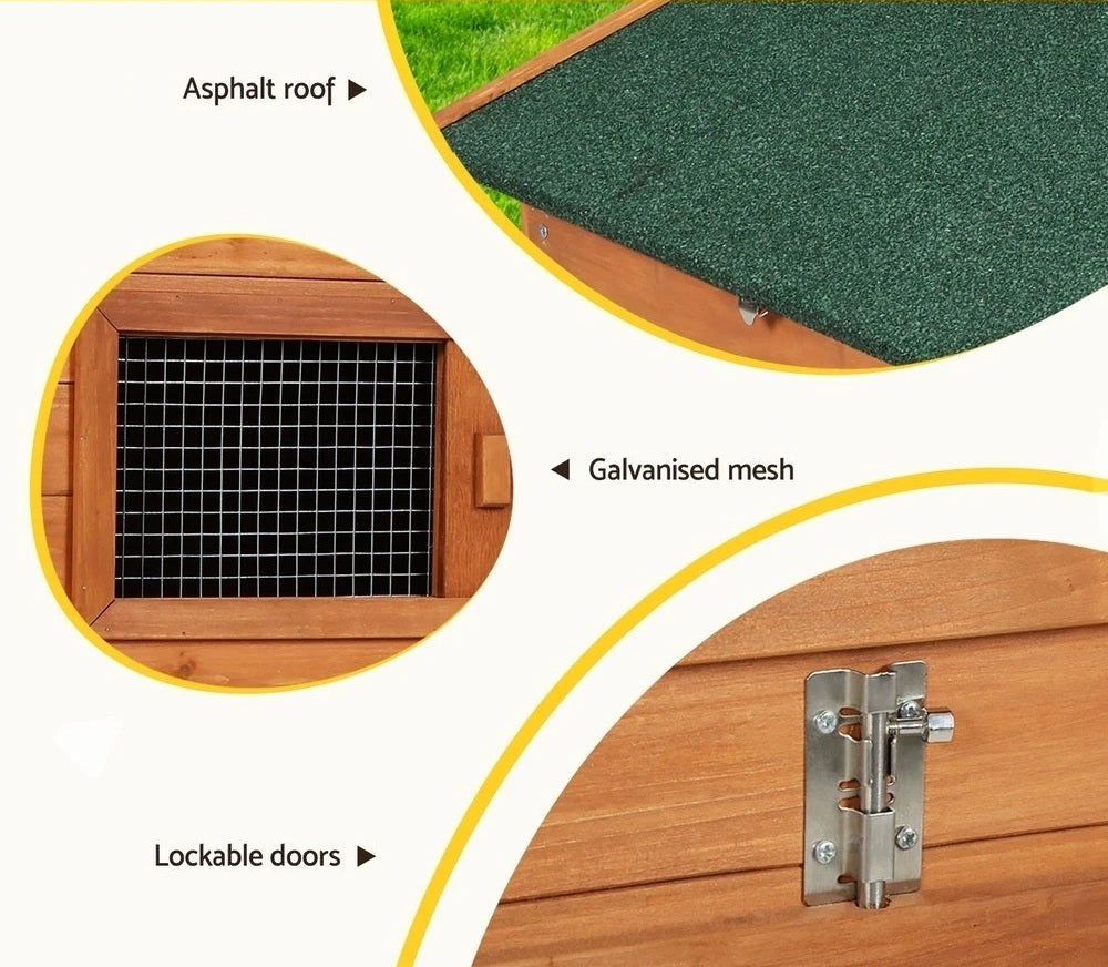 Asphalt roof, galvanised mesh, and lockable doors keep your flock safe and comfortable.