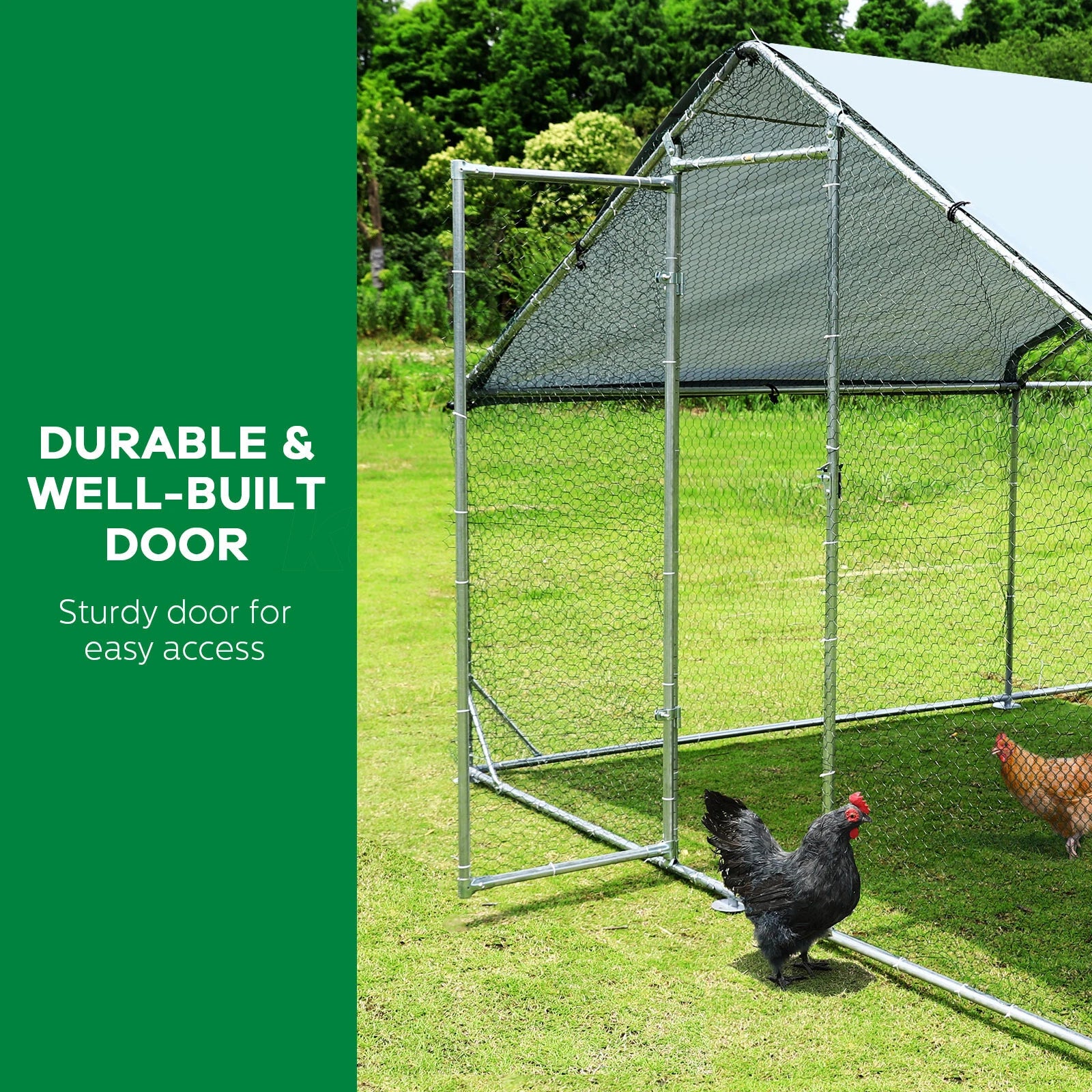 Large durable door for easy access into the run from the outside.