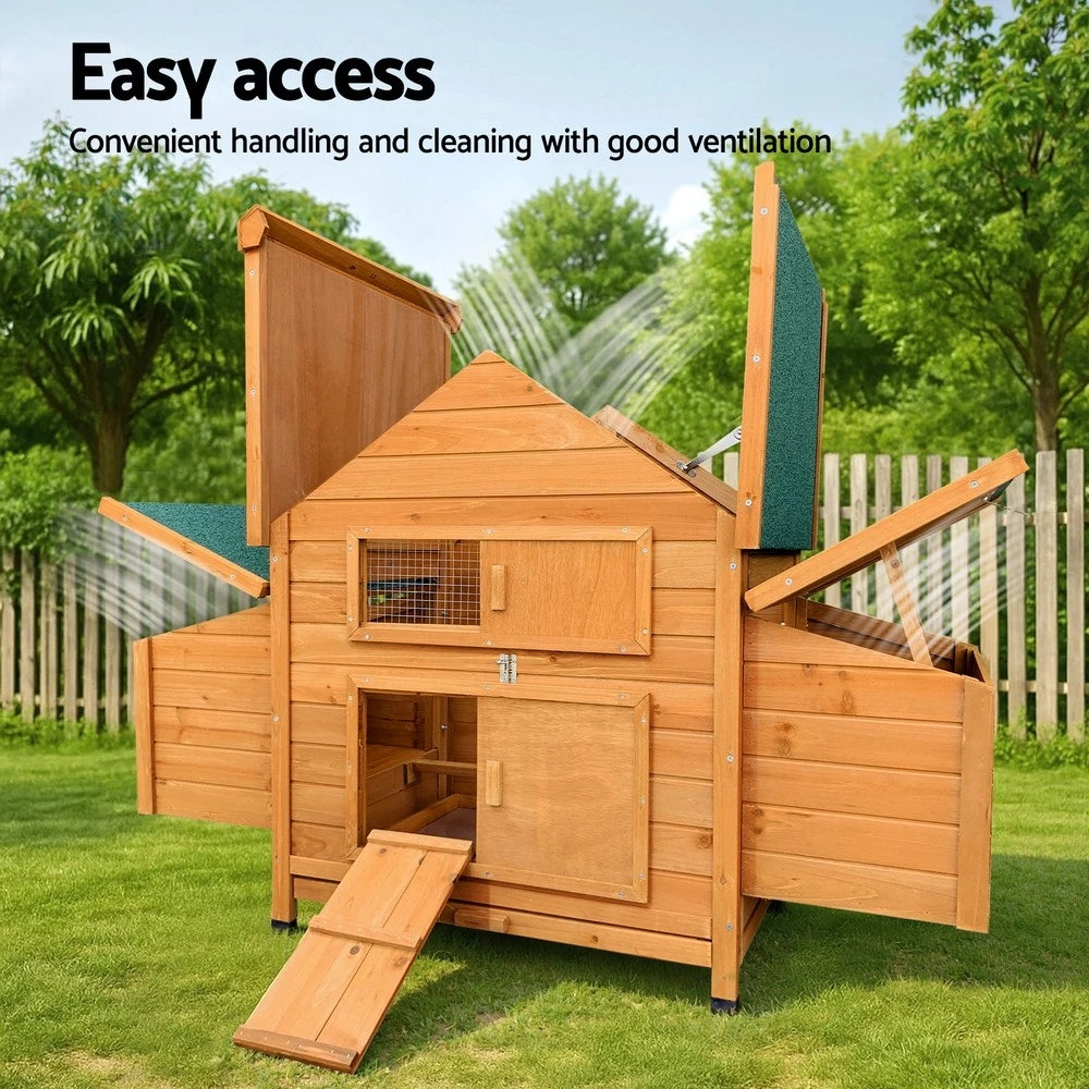 Lift-up roof and nesting box lids for easy cleaning and egg collection.