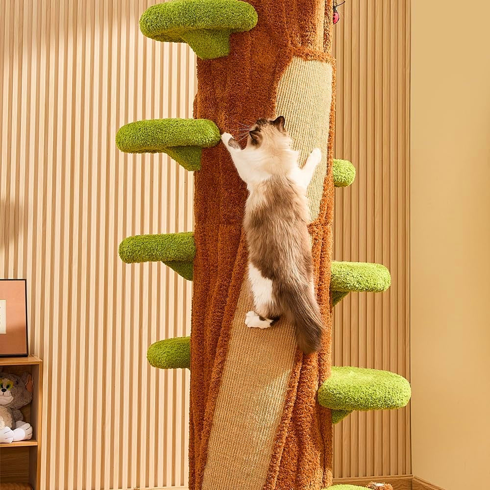 Forest cat tree with a cat climbing the sisal scratching surface.