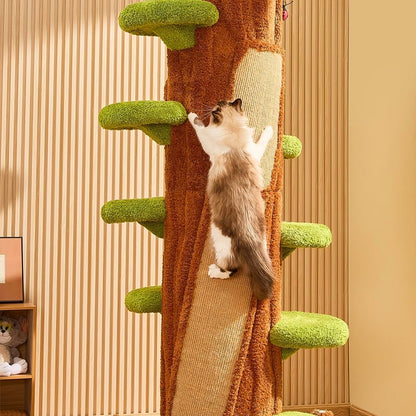 Forest cat tree with a cat climbing the sisal scratching surface.