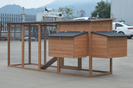 Hen coop and run, featuring four built-in nesting boxes.