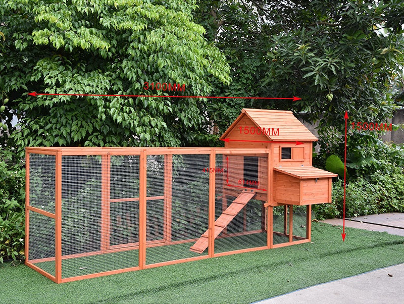 Dimensions of chicken coop and run showing the length, width, and height.