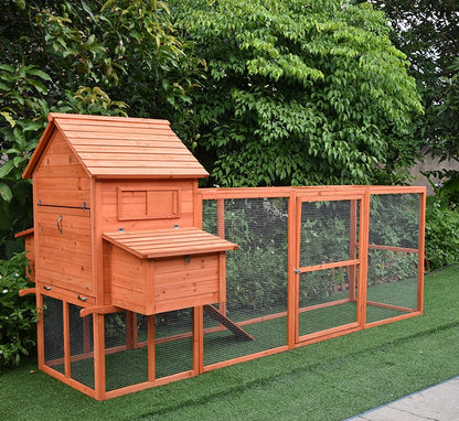 Large chicken coop and run with wire-enclosed pen and four attached nesting boxes.