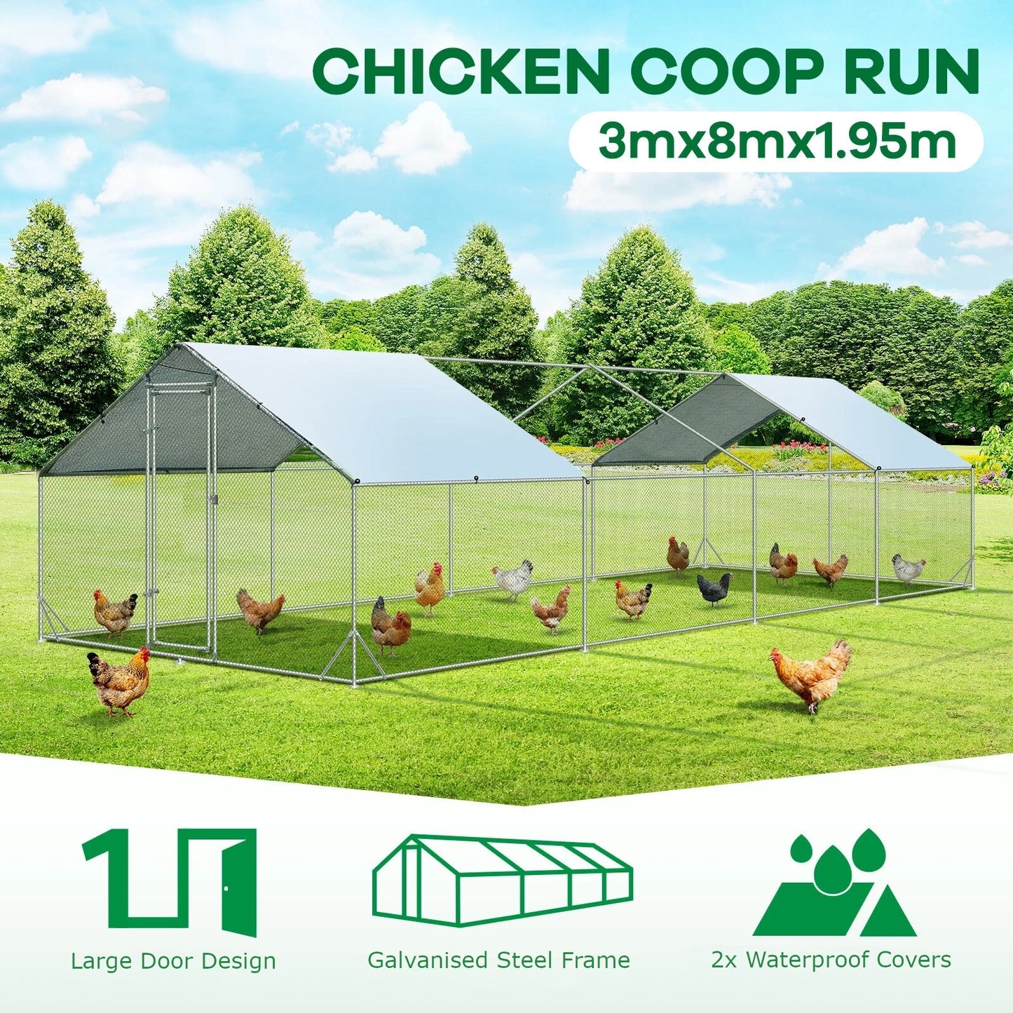 Large chicken pen designed for backyard flocks with plenty of room to roam.