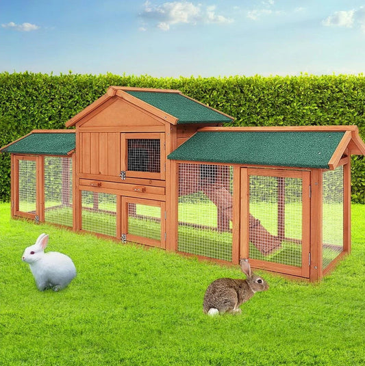Large rabbit hutch, featuring a built-in exercise run.