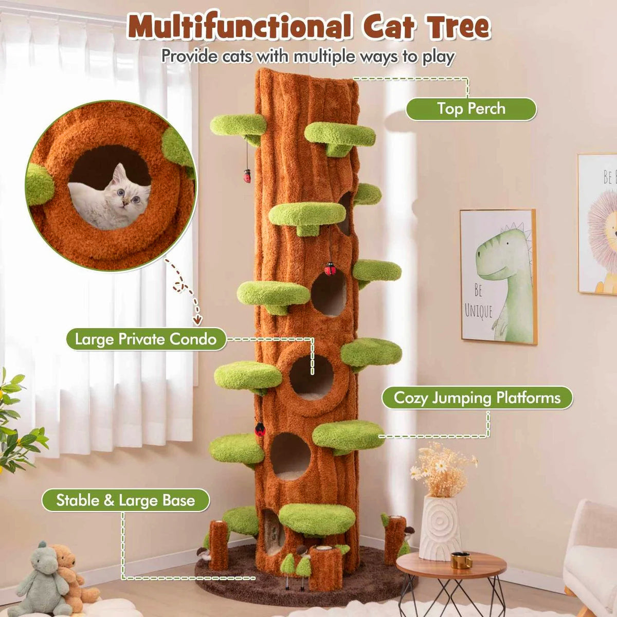 Magic forest cat tree, featuring mossy platforms and hideaways.
