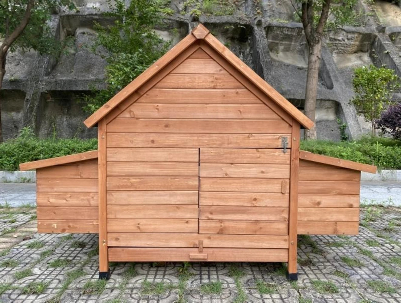 The rear door of the coop, with a lockable metal hinge for security.