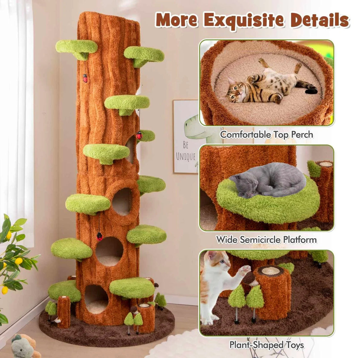 Tree trunk cat tree with realistic bark styling.