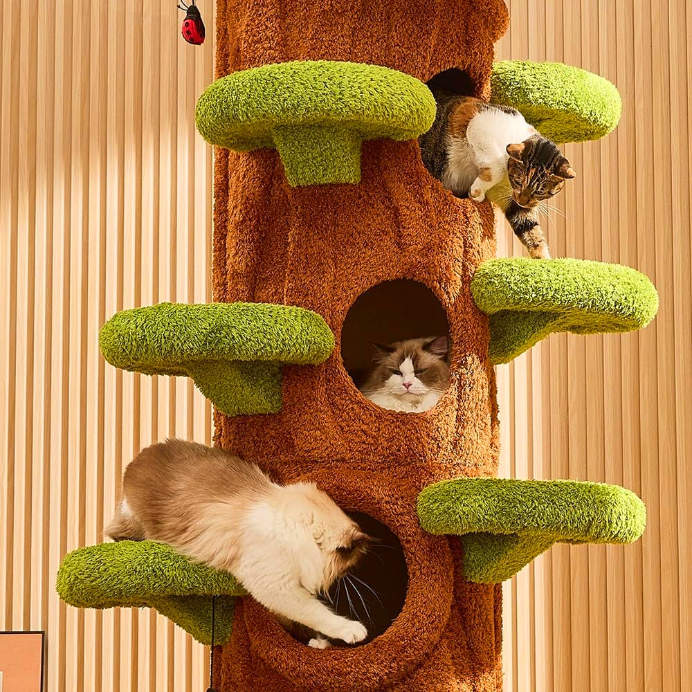 Woodland cat tower with cats relaxing high above the ground.