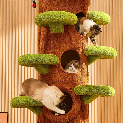 Woodland cat tower with cats relaxing high above the ground.