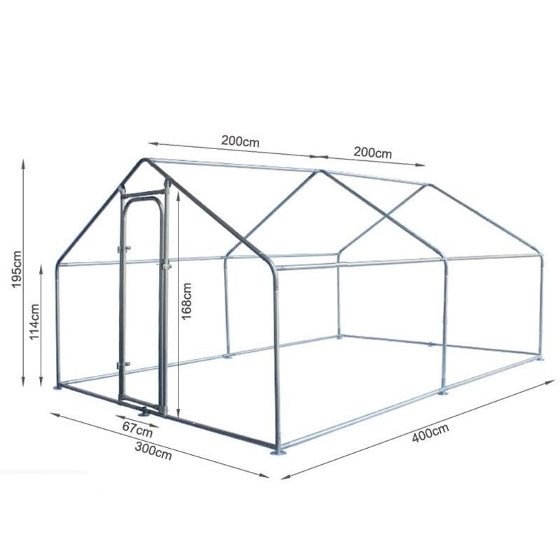 4x3m walk-in chicken run with detailed dimensions, featuring a secure door, sturdy frame, and ample space for backyard chooks to roam.