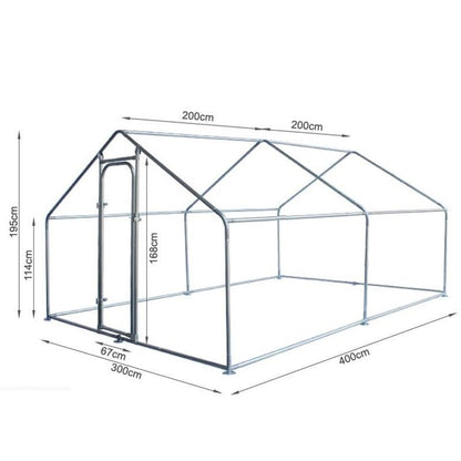 4x3m walk-in chicken run with detailed dimensions, featuring a secure door, sturdy frame, and ample space for backyard chooks to roam.