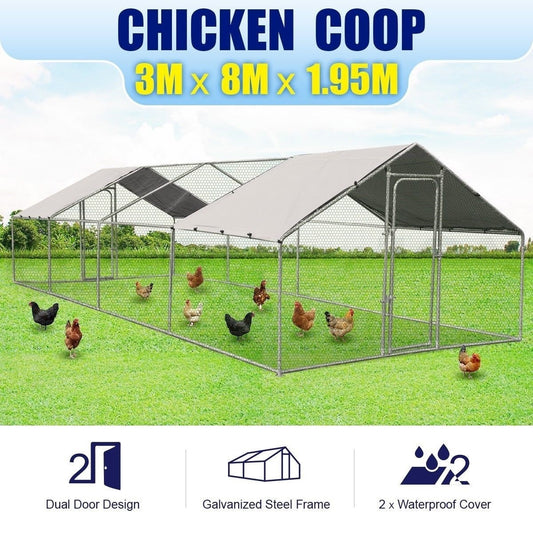 8x3m chicken run with chickens roaming inside, showing dual door design and large space.