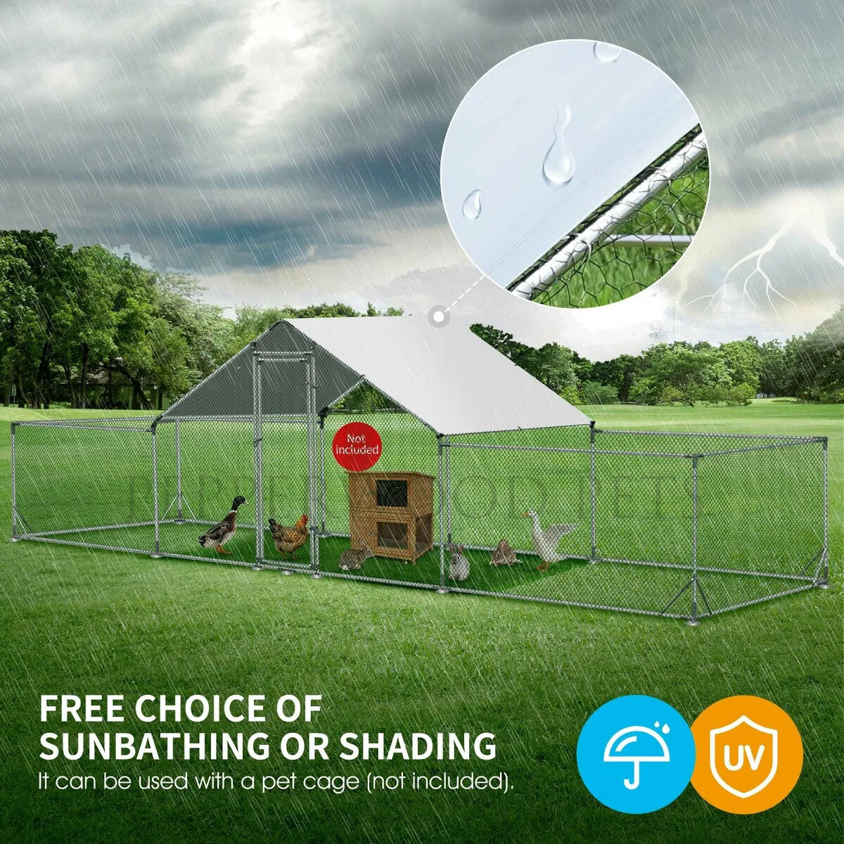 Chicken coop long featuring a waterproof roof cover for shelter.