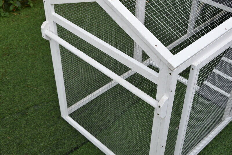 Front handle allows this chicken coop with run on wheels to be moved around.