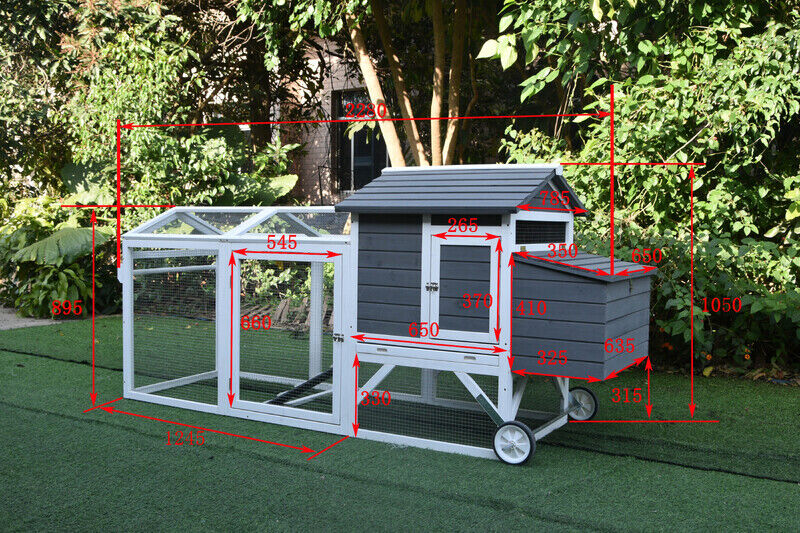 Chicken coops with wheels for sale, with detailed dimensions shown.